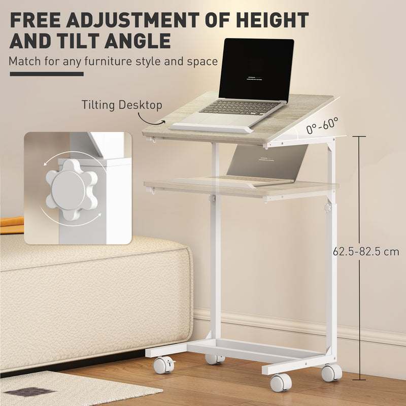 HOMCOM C-Shaped Sofa Side Table, Height Adjustable Overbed Table, Oak