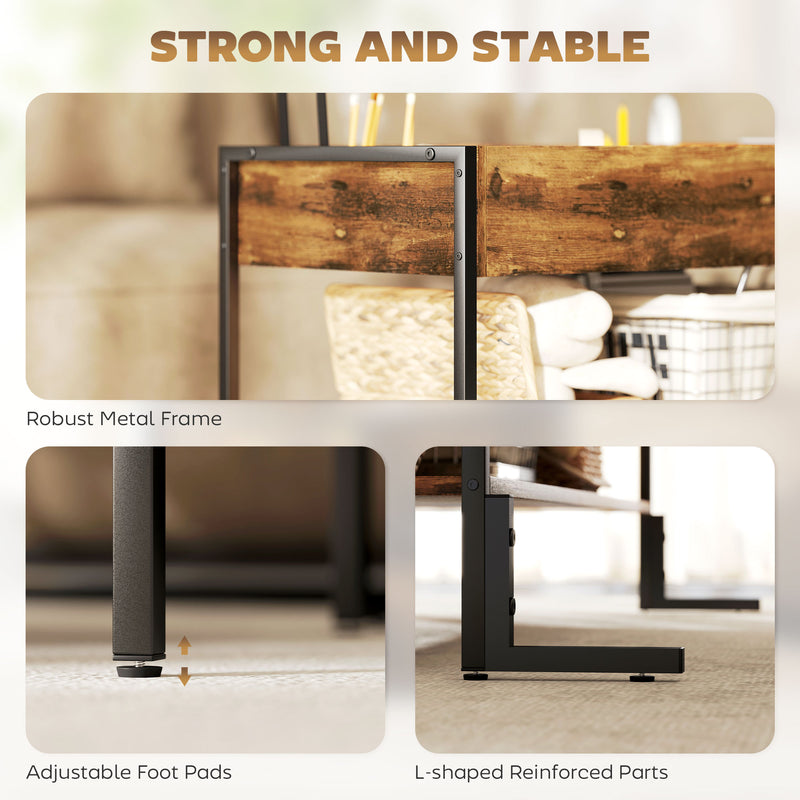 HOMCOM Industrial Lift Top Coffee Table with Storage Shelf Rustic Brown
