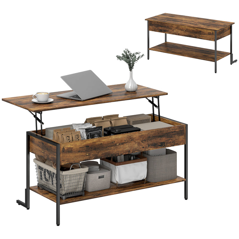 HOMCOM Industrial Lift Top Coffee Table with Storage Shelf Rustic Brown