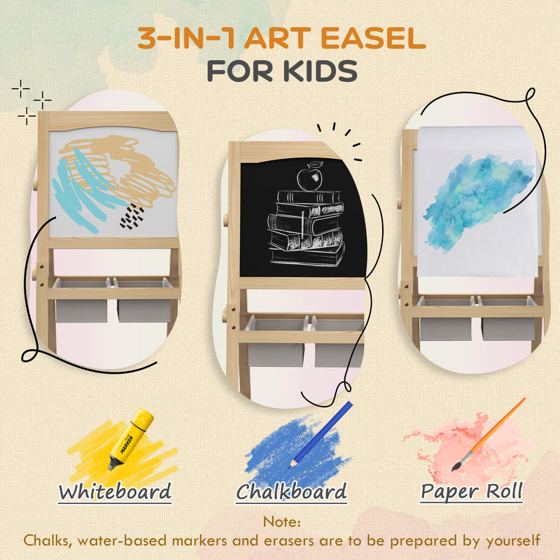 AIYAPLAY 3 In 1 Kids Easel With Paper Roll, Storage Baskets - Natural