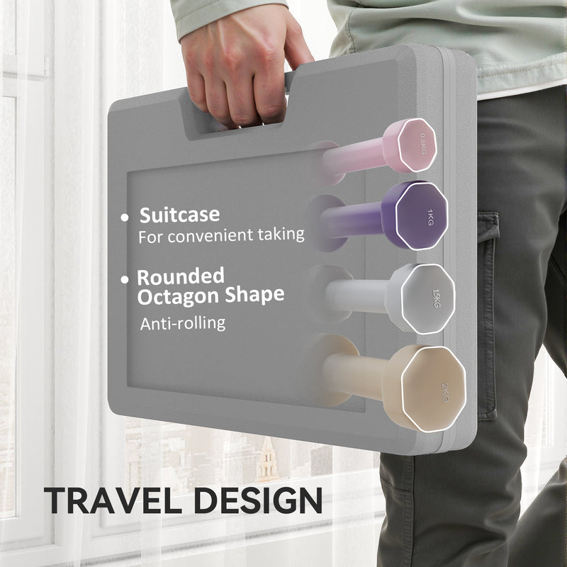 HOMCOM 10kg Dumbbell Weights Set with Carry Case, Pink, Purple, Grey, Brown