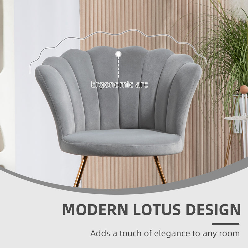 HOMCOM Accent Chair, Velvet Armchair With Lotus Backrest, Steel Legs - Pink/Grey