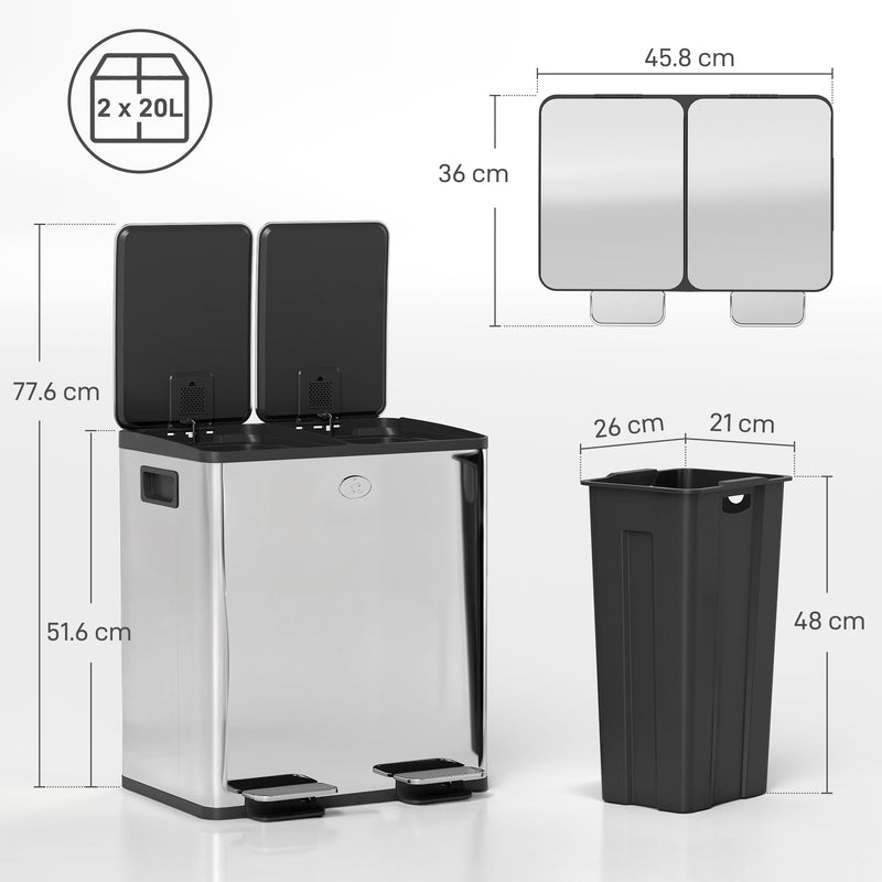 HOMCOM 2 X 20L Dual Kitchen Bin Pedal Bin For Recycling And Waste