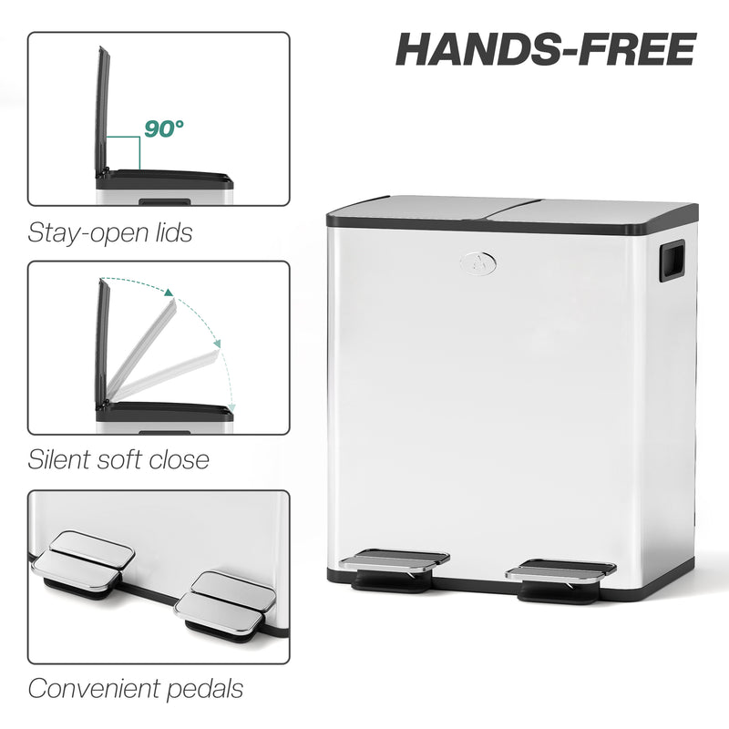 HOMCOM 2 X 20L Dual Kitchen Bin Pedal Bin For Recycling And Waste
