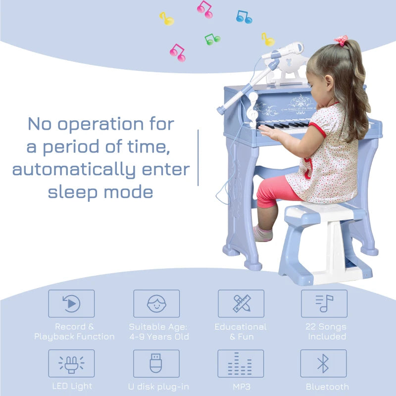 HOMCOM kids Electronic Piano Keyboard with Stool and Microphone - Blue