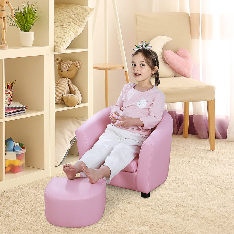 HOMCOM Kids PVC Upholstered Armchair w/ Foot Stool Pink