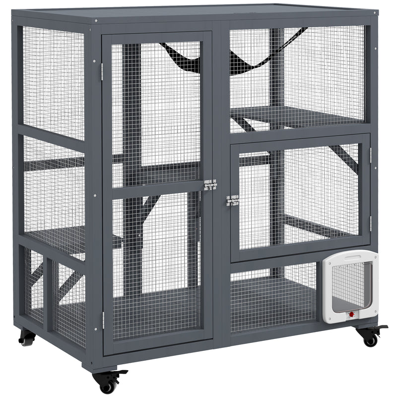 PawHut Outdoor Catio Cat House On Wheels With Platforms, Hammock