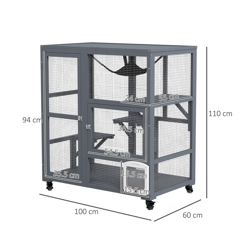 PawHut Outdoor Catio Cat House On Wheels With Platforms, Hammock