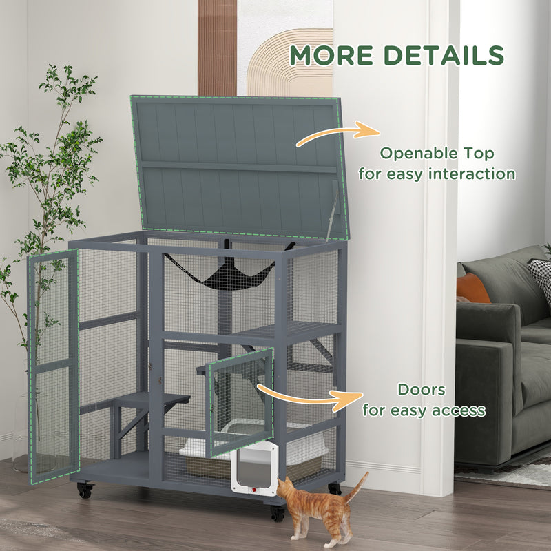 PawHut Outdoor Catio Cat House On Wheels With Platforms, Hammock