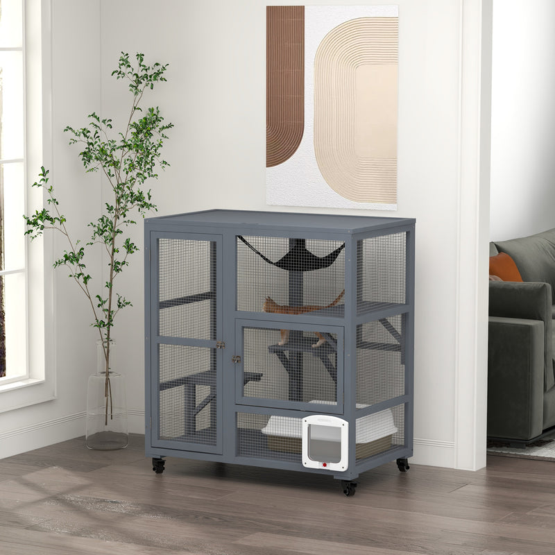 PawHut Outdoor Catio Cat House On Wheels With Platforms, Hammock