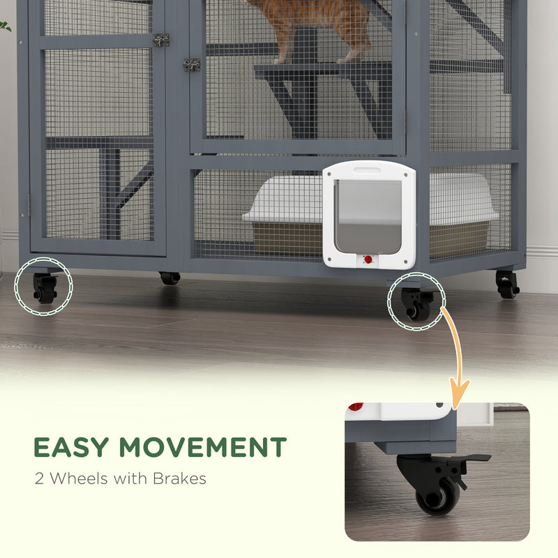 PawHut Outdoor Catio Cat House On Wheels With Platforms, Hammock