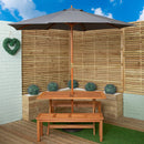 Outdoor 4 Person Rectangular Wooden Garden Dining Table, 2 Benches with Grey Parasol and Base Set