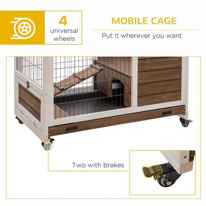 PawHut Wood Indoor Rabbit Hutch Elevated 2-Floor Guineas Pigs Cage w/ Wheels