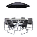 6 Person Garden Furniture Patio Set Table, 6 Chairs & Parasol with Black Glass