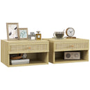 Floating Nightstands Set Of 2 With Rattan Drawer And Storage Shelf For Bedroom