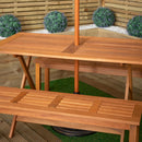 Outdoor 4 Person Rectangular Wooden Garden Dining Table, 2 Benches with Green Parasol and Base Set