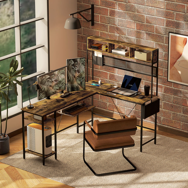 HOMCOM Reversible Corner Desk w/ USB Port, Long Computer Desk for 2 Person