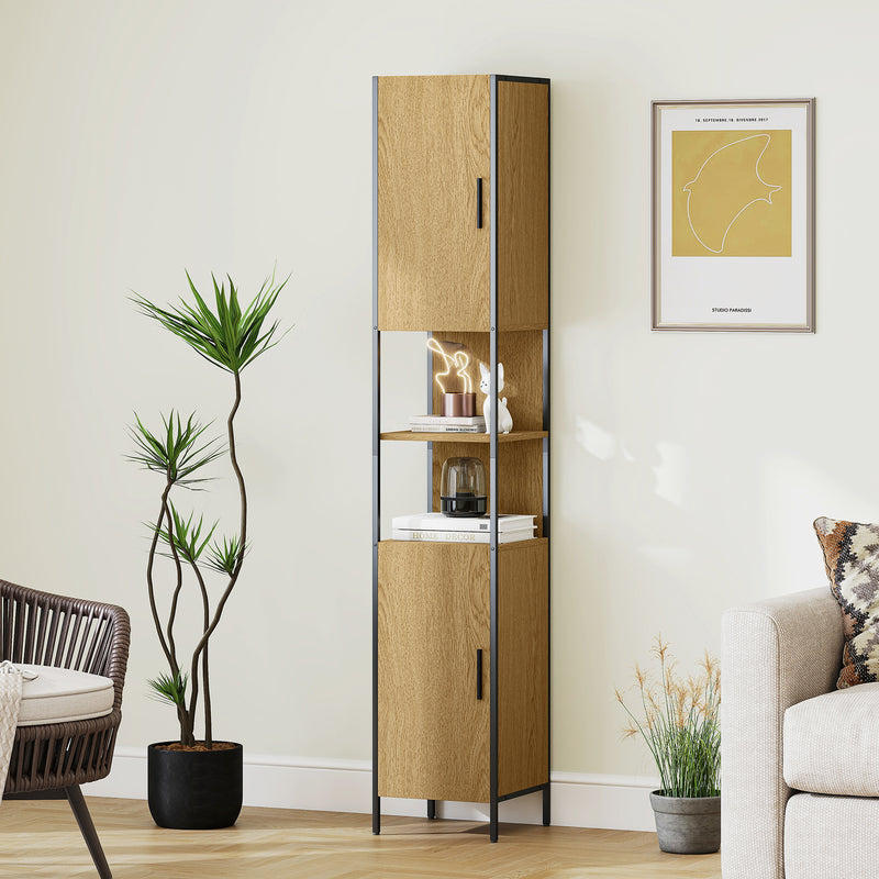 HOMCOM Slim Bathroom Storage Cabinet with 2 Doors Open Compartments Natural