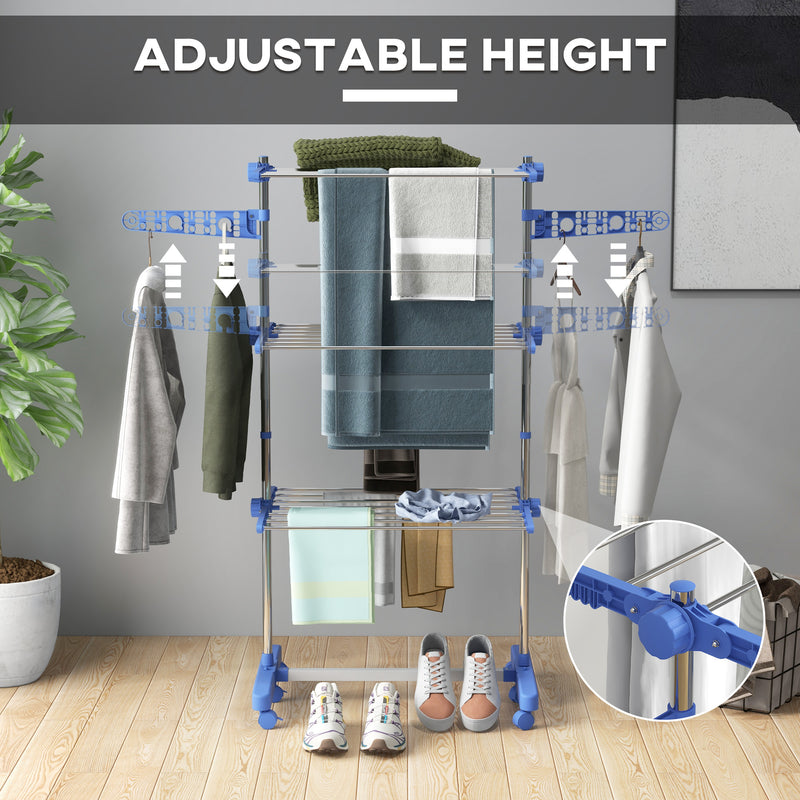 HOMCOM 3-Tier Large Clothes Airer Stainless Steel Clothes Drying Rack - Blue/Grey