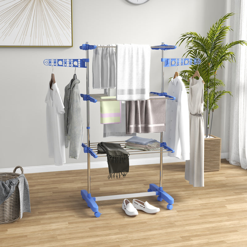 HOMCOM 3-Tier Large Clothes Airer Stainless Steel Clothes Drying Rack - Blue/Grey