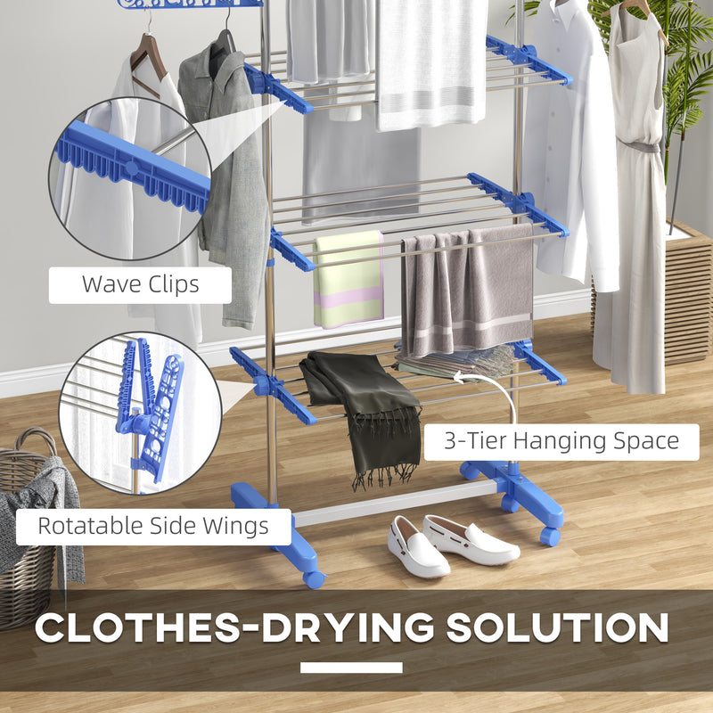 HOMCOM 3-Tier Large Clothes Airer Stainless Steel Clothes Drying Rack - Blue/Grey