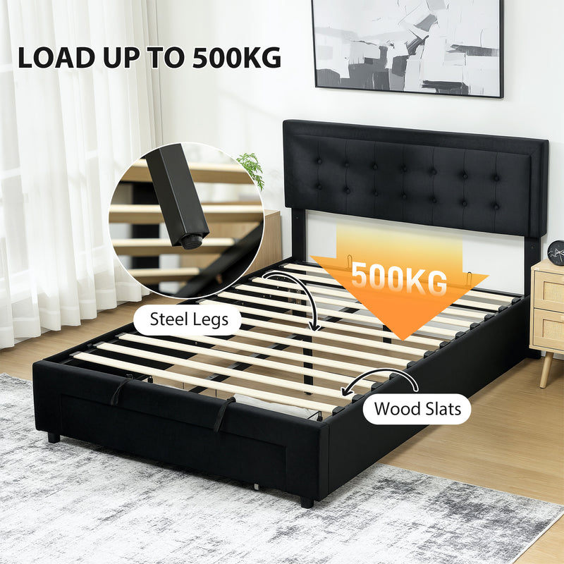 HOMCOM Double Bed Frame with Storage and Adjustable Velvet Headboard