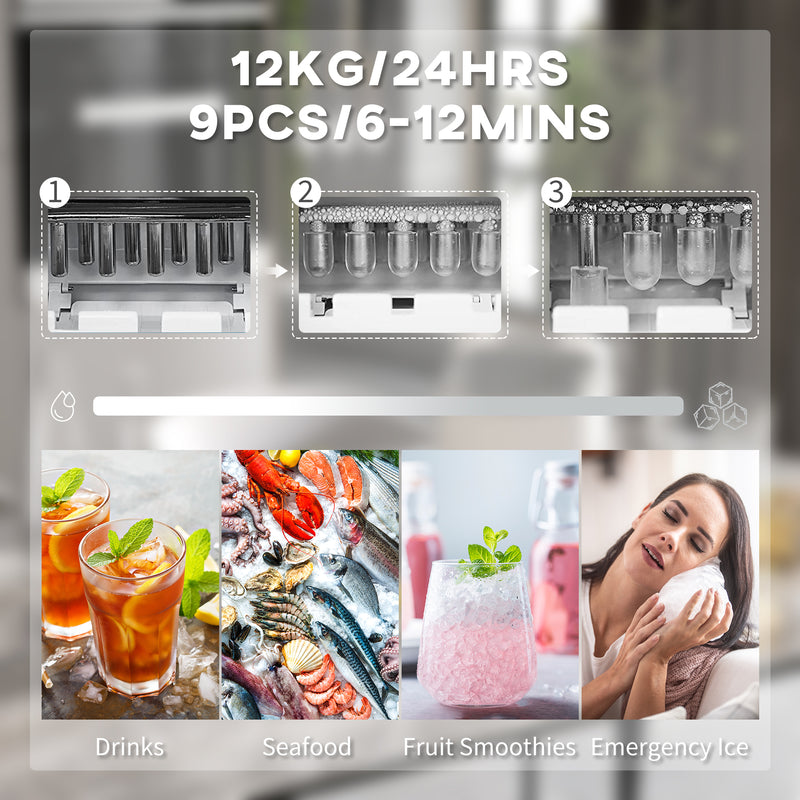 HOMCOM Ice Maker w/ Ice Basket 12Kg in 24 Hrs 9 Cubes Ready in 6-12Mins White