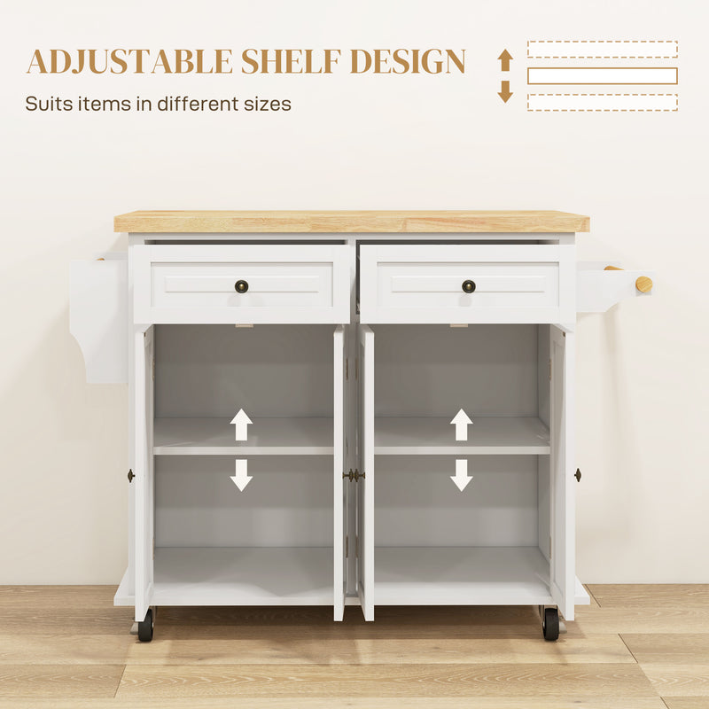 HOMCOM Rolling Kitchen Island Cart with Rubber Wood Top, Spices Cream White