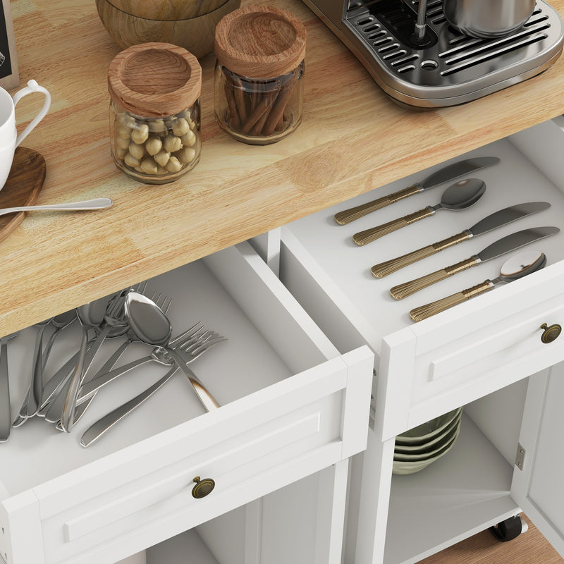 HOMCOM Rolling Kitchen Island Cart with Rubber Wood Top, Spices Cream White