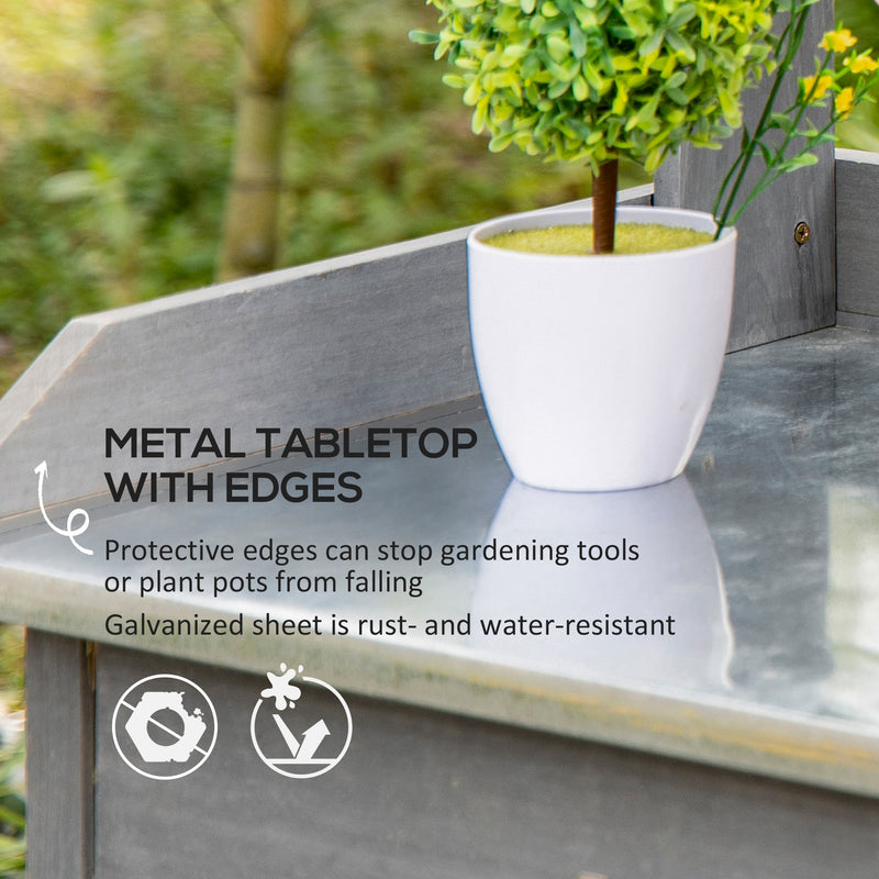 Outsunny Garden Potting Table Wooden Workstation w/ Metal Tabletop, Drawer, Shelves