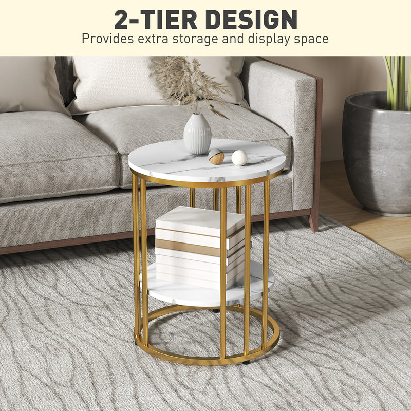 HOMCOM Marble-Effect Round Coffee Table Set of 2 for Living Room, Gold Tone