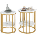 HOMCOM Marble-Effect Round Coffee Table Set of 2 for Living Room, Gold Tone