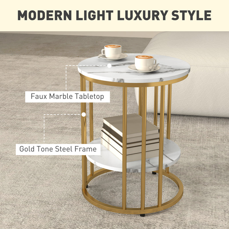 HOMCOM Marble-Effect Round Coffee Table Set of 2 for Living Room, Gold Tone