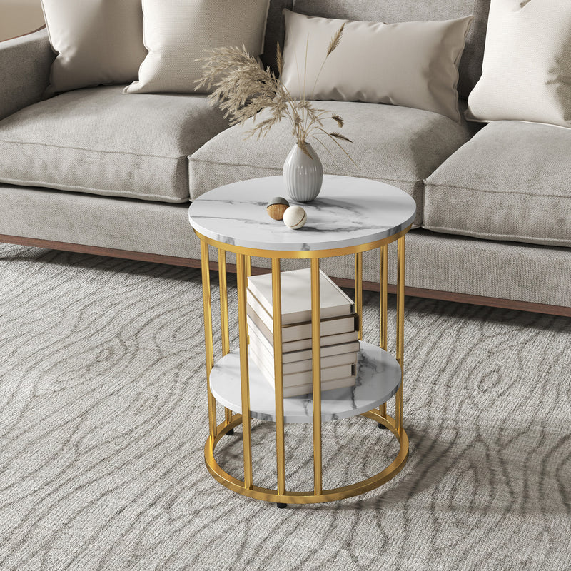 HOMCOM Marble-Effect Round Coffee Table Set of 2 for Living Room, Gold Tone