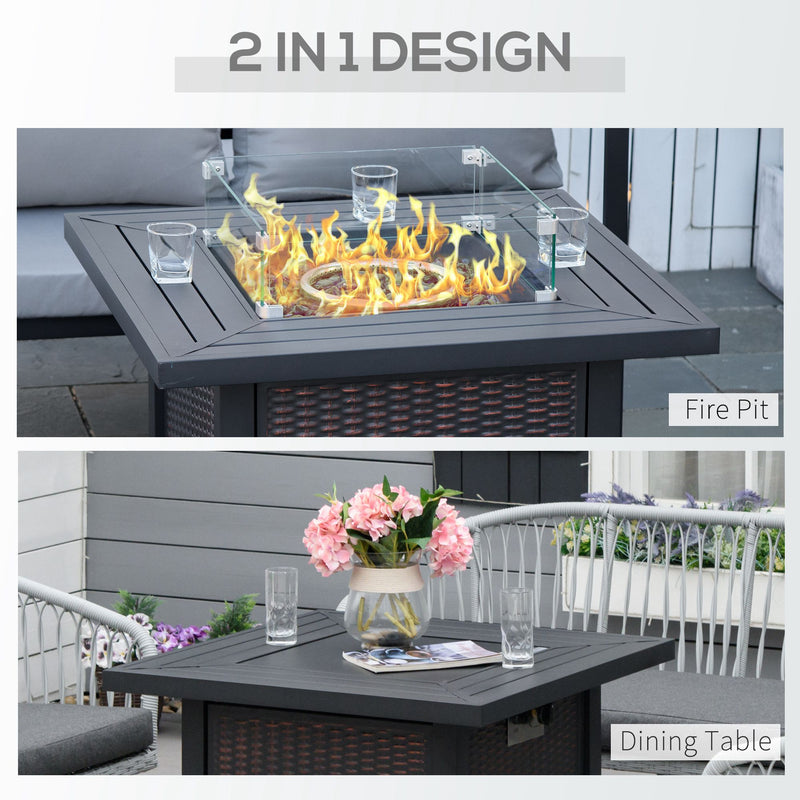 Outsunny Square Propane Gas Fire Pit Table, 50000 BTU Rattan Smokeless Firepit Patio Heater with Glass Screen, Glass Beads and Lid, 82cm x 82cm x 66cm, Black