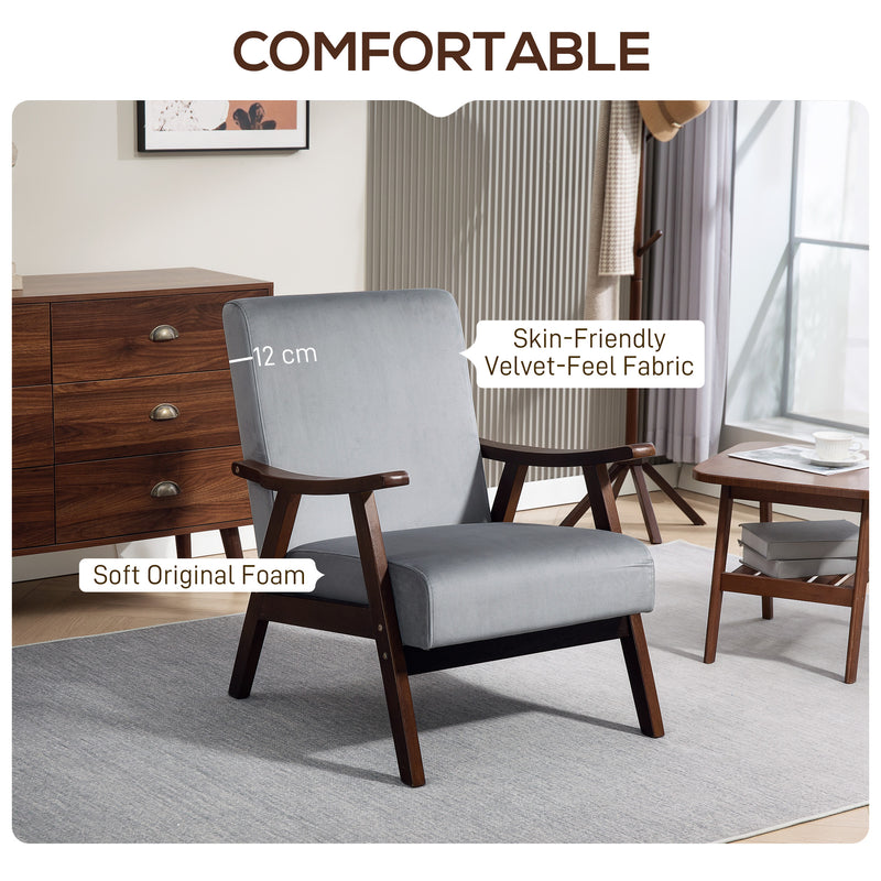 HOMCOM Velvet Armchair With Solid Wood Frame And Thick Padded