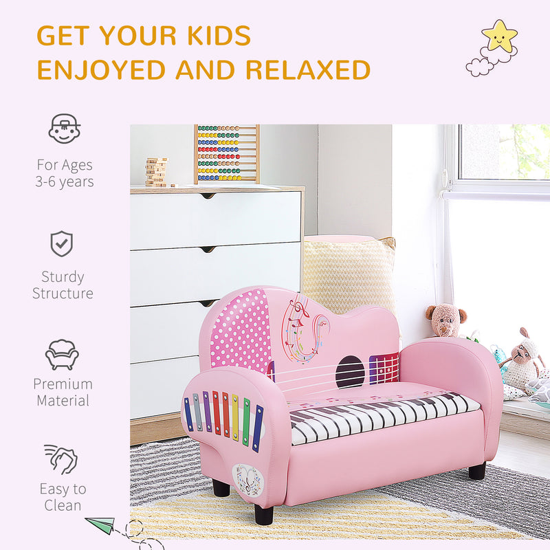 HOMCOM Kids PVC 2-Seater Musical-Theme Sofa Piano Shape Multi-Functional 2 Seats Couch Storage Box Soft Sturdy Pink