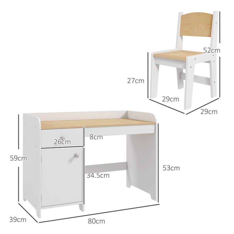 ZONEKIZ Kids Desk and Chair Set for 3-6 Year Old with Storage Drawer, White