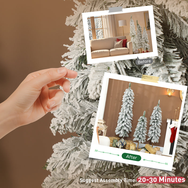 HOMCOM Set of 3 Flocked Christmas Tree, Pencil Downswept Xmas Tree