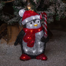 30cm Light up Acrylic Christmas Penguin with Candy Cane Decorations & White LEDs