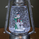 24cm Dual Powered Light up Silver Antique Lantern Christmas Water Spinner with Snowman Scene