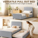 HOMCOM 90 x 190 cm Upholstered Single Bed, Pull Out Trundle Bed, Light Grey