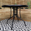 Outdoor 4 Person Round Glass Top Garden Dining Table Chairs With Beige Parasol and Base Set