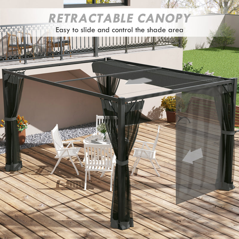 Outsunny Pergola with Retractable Roof and Netting, Dark Grey