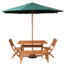 Outdoor 6 Person Rectangular Wooden Garden Dining Table, 2 Benches, Chairs with Green Parasol and Base Set