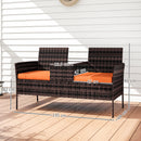 Outsunny Rattan Garden Bench w/ Glass Tea Table, Wicker Chair w/ Cushions