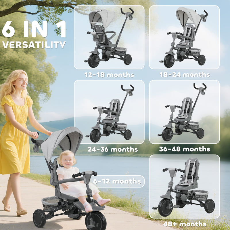 AIYAPLAY 6 in 1 Kids Trike, Toddler Tricycle with Parent Handle,