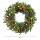 HOMCOM 60cm Christmas Wreath with LED Lights Pine Cones Red Berries Green