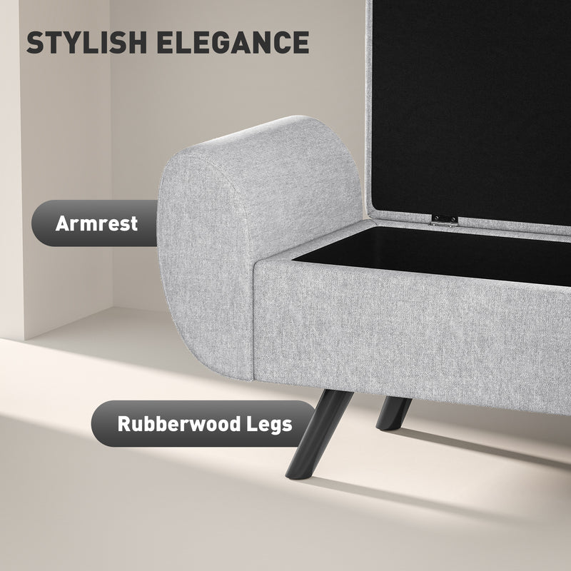 HOMCOM Storage Ottoman With Armrest, Upholstered Linen Storage Bench