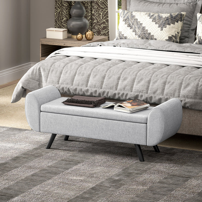 HOMCOM Storage Ottoman With Armrest, Upholstered Linen Storage Bench
